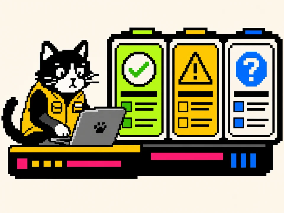 A black-and-white reviewer cat beside deterministic validation results